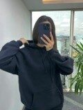 Dark Blue Dikişli Kapşonlu Sweat