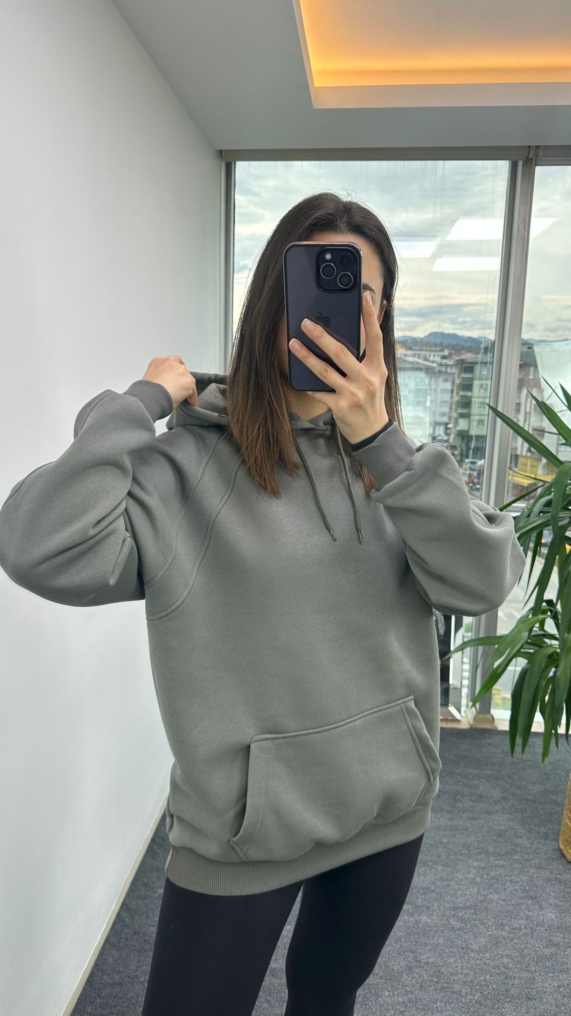 Haki Dikişli Kapşonlu Sweat