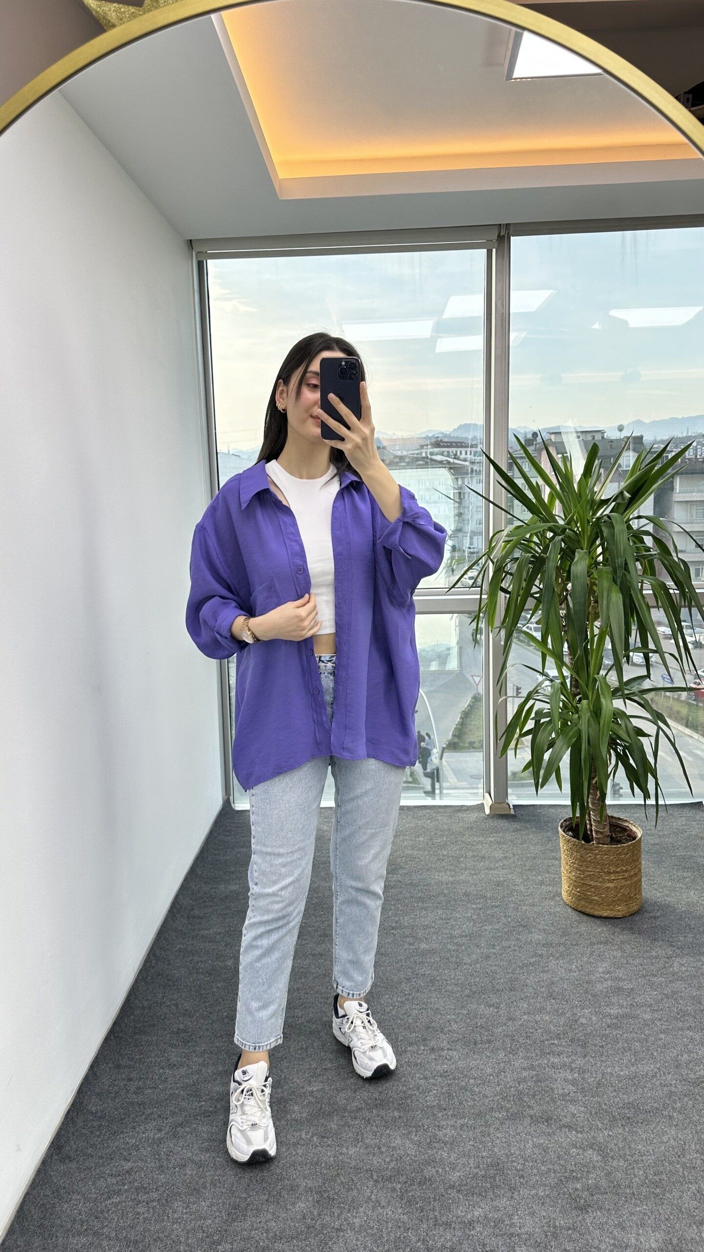 Mor Düşük Omuz Oversize Gömlek