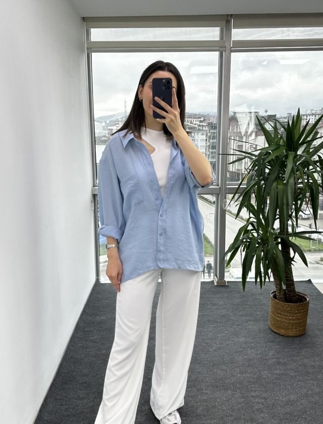 Açık Mavi Düşük Omuz Oversize Gömlek